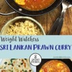 A sri lankan prawn curry in a bowl with a side order of rice