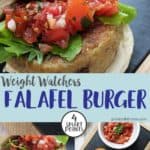A falafel burger topped with lettuce and salsa