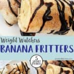 A plate of banana fritters drizzled with chocolate sauce