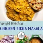 A bowl of chicken tikka masala with a garlic naan.