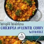 A bowl of chickpea and lentil curry with a bowl of rice