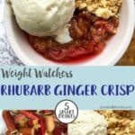 A bowl of rhubarb crisp with a scoop of ice cream