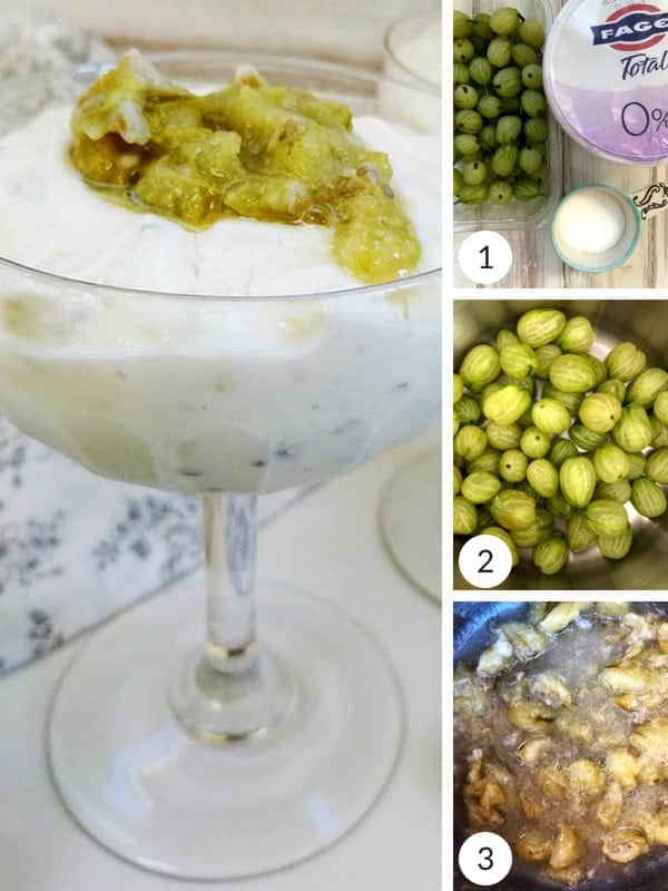 Process shots of how to make gooseberry fool