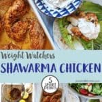 A dish of shawarma chicken on a table with salad