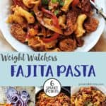 A white bowl of fajita pasta