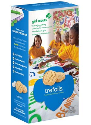 A box of Girl Scout Trefollis cookies