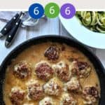 Swedish Meatballs in a skillet with a dish of courgette zoodles