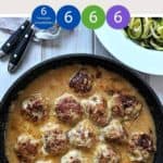 Swedish Meatballs in a skillet with a dish of courgette zoodles