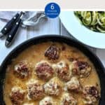 Swedish Meatballs in a skillet with a dish of courgette zoodles