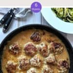 Swedish Meatballs in a skillet with a dish of courgette zoodles