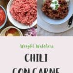 A white bowl filled with chili con carne & rice topped with yogurt and green herbs