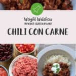 A white bowl filled with chili con carne & rice topped with yogurt and green herbs