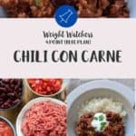 A white bowl filled with chili con carne & rice topped with yogurt and green herbs