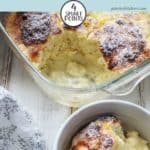 A bowl of lemon pudding on a white table