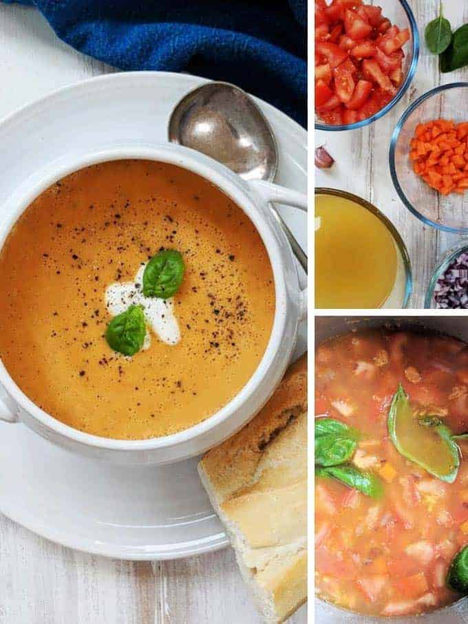 Process shots of making creamy tomato soup