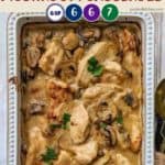 A dish of creamy chicken casserole on a wooden table