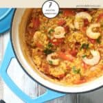 A dish of shrimp, chorizo paella