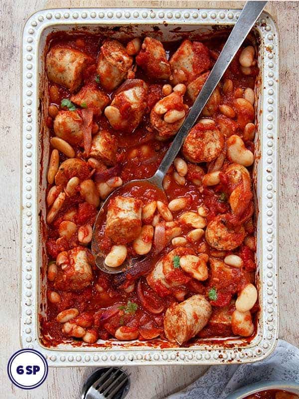 A dish of BBQ sausage casserole