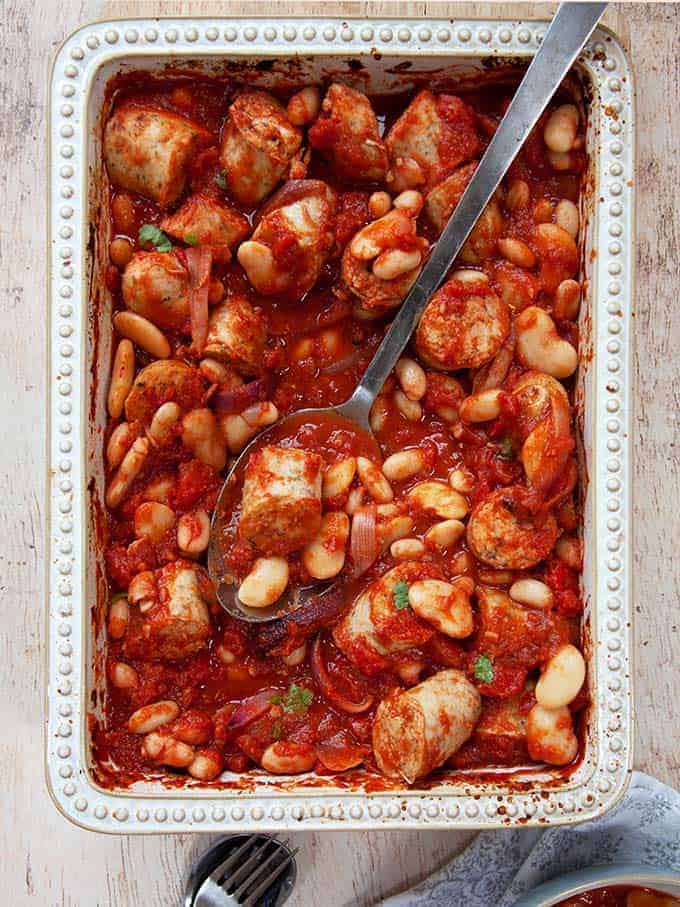 A dish of BBQ Sausage Casserole