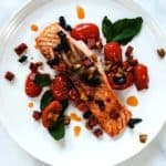 Chorizo Salmon on a white plate