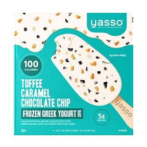 A box of Yasso toffee caramel chocolate chip frozen greek yogurt bars