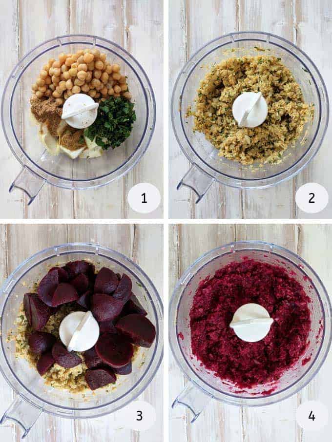 Process shots of making beetroot falafels