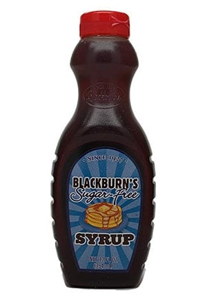 A bottle of Blackburns sugar free pancake syrup