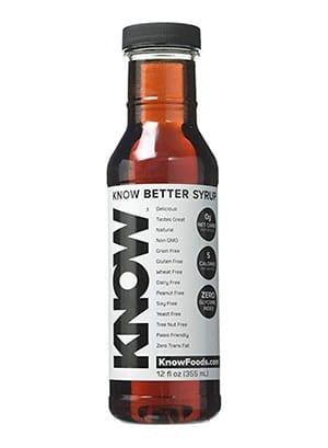 A bottle of Know Foods maple syrup calorie