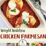 A dish of chicken parmesan with other picture of preparing the dish.