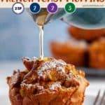 Syrup being poured over a pumpkin muffin