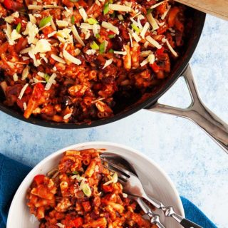 A skillet of turkey chili mac & cheese