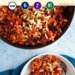 A skillet of turkey chili macaroni & cheese