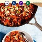 A skillet & bowl of turkey chili mac & cheese