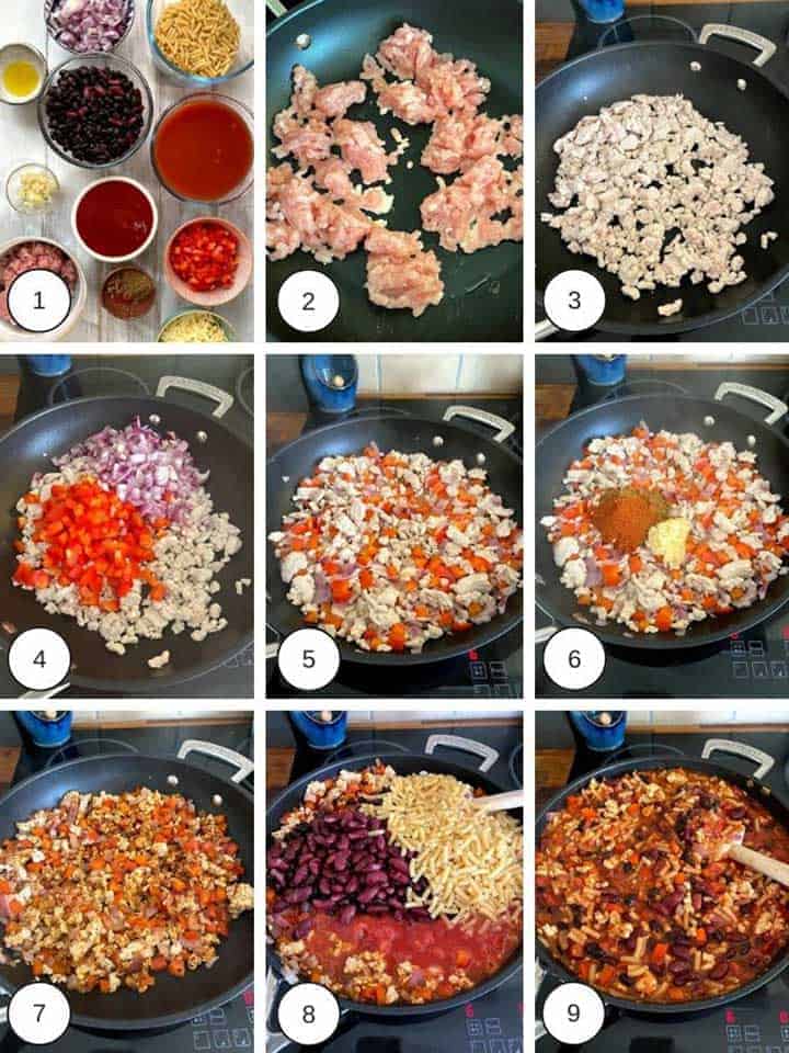 Photos of making turkey chili mac & cheese