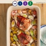 A dish with Chicken wrapped in Proscuitto on a wooden table