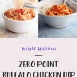 A hand dipping a chip into buffalo chicken dip