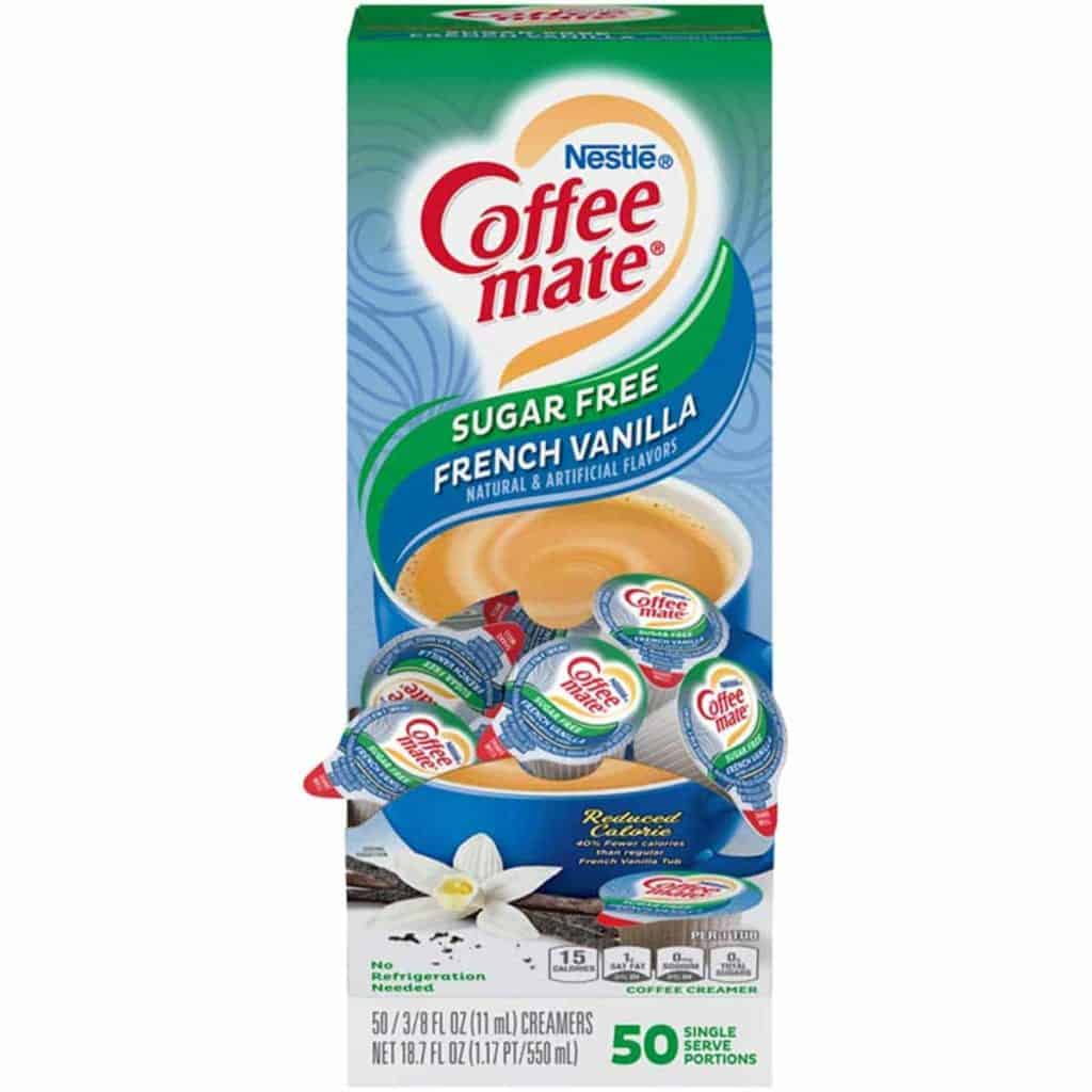 Coffee Mate Sugar Free French Vanilla creamers in a box