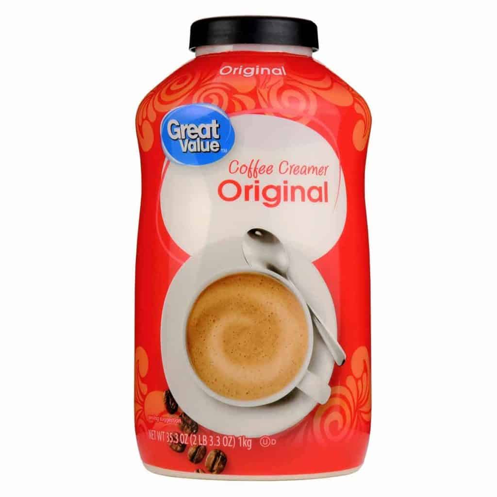 A tub of Great Value Coffee Creamer