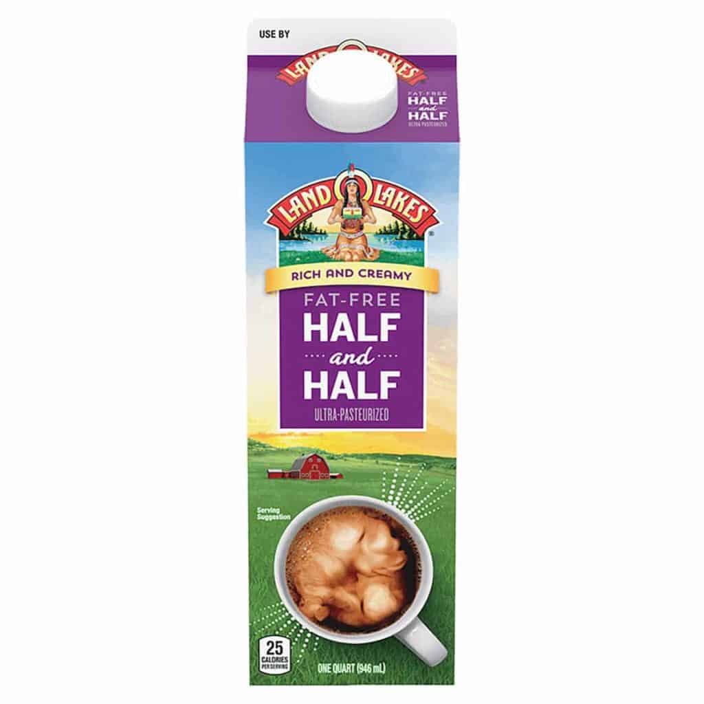 A carton of Land o lakes fat free half and half