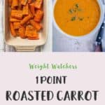 A white bowl full of roasted carrot & ginger soup on a white table