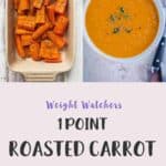 A white bowl full of roasted carrot & ginger soup on a white table