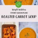 A white bowl full of roasted carrot & ginger soup on a white table