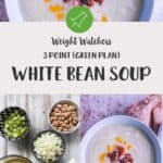 A bowl of white bean soup on a wooden table