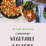 2 pictures of making and serving vegetarian lasagna