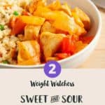 A white bowl of sweet & sour chicken with cauliflower rice on a wooden table