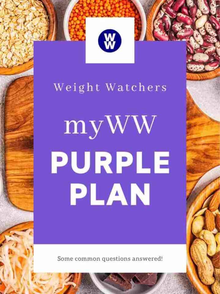 A table covered in small bowls of foods such as beans, oats, nuts and noodles. Overlay of text 'myWW Purple Plan'