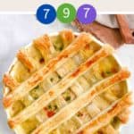 A white dish of Chicken Pot Pie with lattice pastry & a text overlay stating Weight Watchers Chicken Pot Pie
