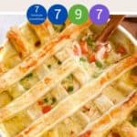 A white dish of Chicken Pot Pie with lattice pastry & a text overlay stating Weight Watchers Chicken Pot Pie