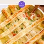 A white dish of Chicken Pot Pie with lattice pastry & a text overlay stating Weight Watchers Chicken Pot Pie