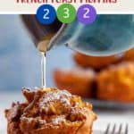 Syrup being poured over a pumpkin muffin.